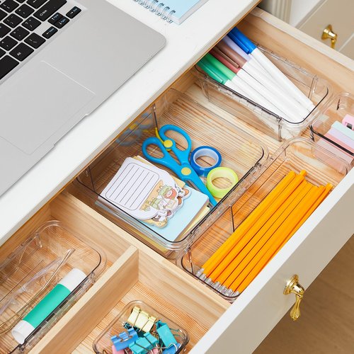 Briwooody 25 Pcs Extendable Clear Drawer Organizer, 3 Size Adjustable Desk Drawer Organizer Acrylic Storage Bins for Makeup, Jewelry Gadgets for Kitchen, Bedroom, Bathroom, Office