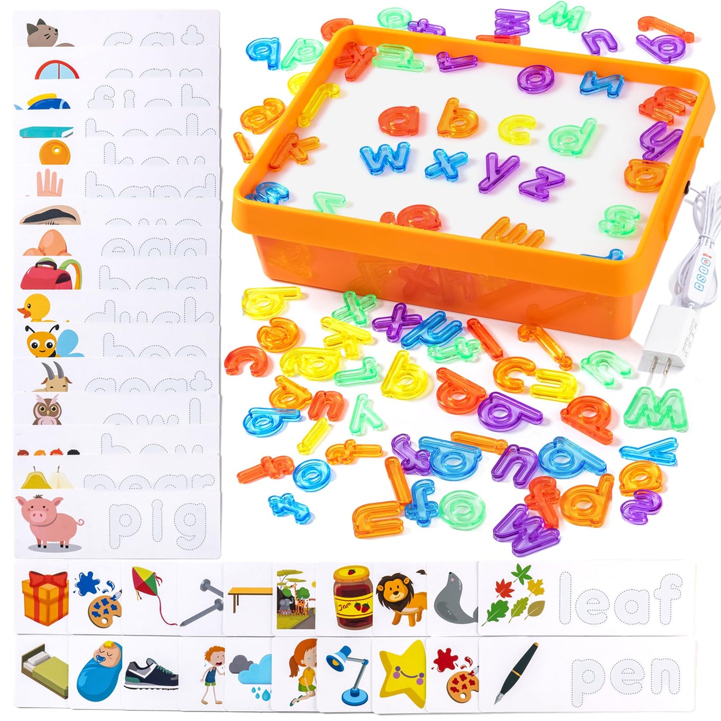 Odoorgames Light Box with Letters & Cards Set – Light Table for Kids, Educational Toys for Tracing, Sensory Play & Early Learning (Orange)