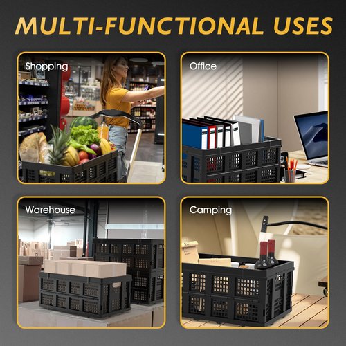 TOOLIOM 50L Collapsible & Stackable Plastic Storage Crates with Handles, Black Folding Shopping Basket, Folding Storage Bin