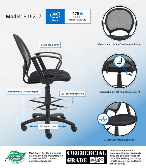Boss Office Products Mesh Drafting Stool with Loop Arms in Black