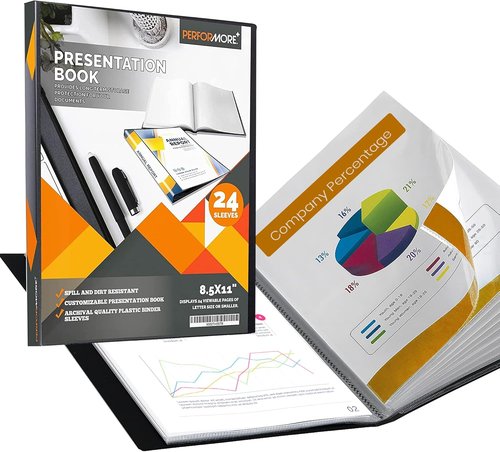 PERFORMORE Presentation Folder - 24 Pocket Display Book with Plastic Sleeves | Black, 48 Pages for 8.5" x 11" Paper