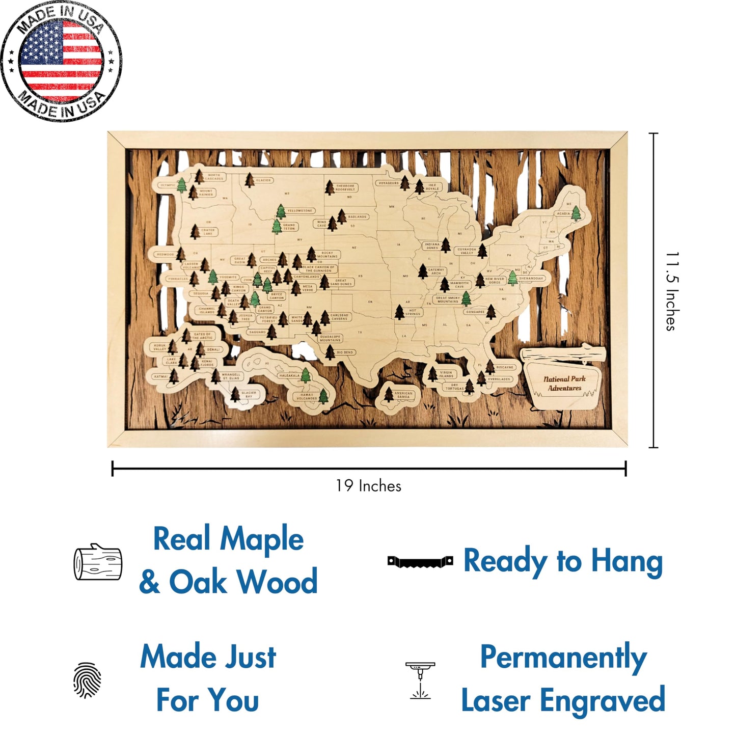 Wooden National Park Map with Push Pin Travel Tracker - All 63 Parks Checklist – Handcrafted in USA - Gift for Hikers, Couples & Families – Bucket List Wall Art Decor