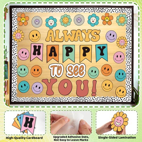 VABAMNA 63 Pcs Groovy Bulletin Board Decorations Set Retro Smiley Face Classroom Decor with Black Dots Border Trims for Back to School Classroom Wall Door Decor