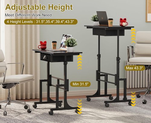 Skiennix Adjustable Height Standing Desk - Rolling Sit-Stand Desk with Drawer & Wheels, Black