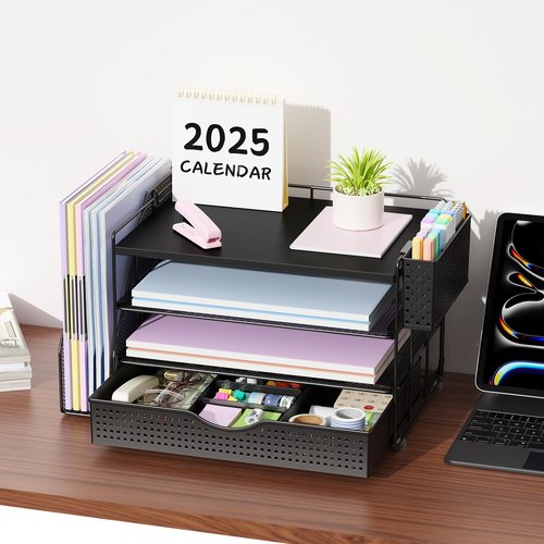 Wood Desk Organizers and Accessories with File Holder, 4-Tier Desk Accessories & Workspace Organizers with Drawer and Pen Holder, Paper Organizer for Office Supplies (Black)