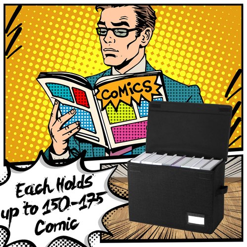 Chuangdi 6 Pcs Comic Book Storage Boxes, Back to School Collapsible Comic Short Box Case with Lid, 15.8 x 7.9 x 11.4 Inch Book Bin Container Holds 150 Comics(Black)