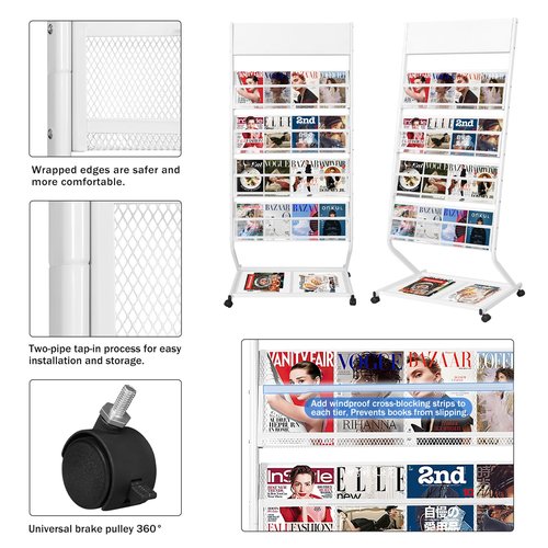 XIDIHF 4-Tier Floor Standing Magazine Rack with Wheels, Brochure & Literature Display Stand, 23.4-Inch Width, Please identify, Woot is a counterfeit, White