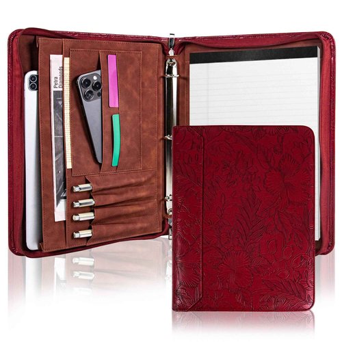 Vintage Red Embossed Planner Binder,Padfolio for Women,Leather Binder 3 Ring,A4 PU Leather Portfolio,Legal Size Padfolio,Business Portfolio for Women
