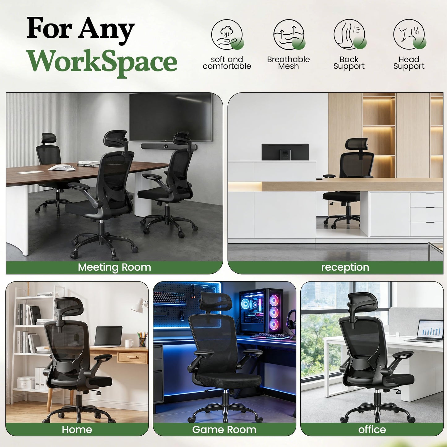 Ergonomic Office Desk Chair, Computer Desk Chair with Adjustable Lumbar Support, FILP-up Arms, Breathable Mesh Home Office Chairs Comfortable for Long Hours, Black
