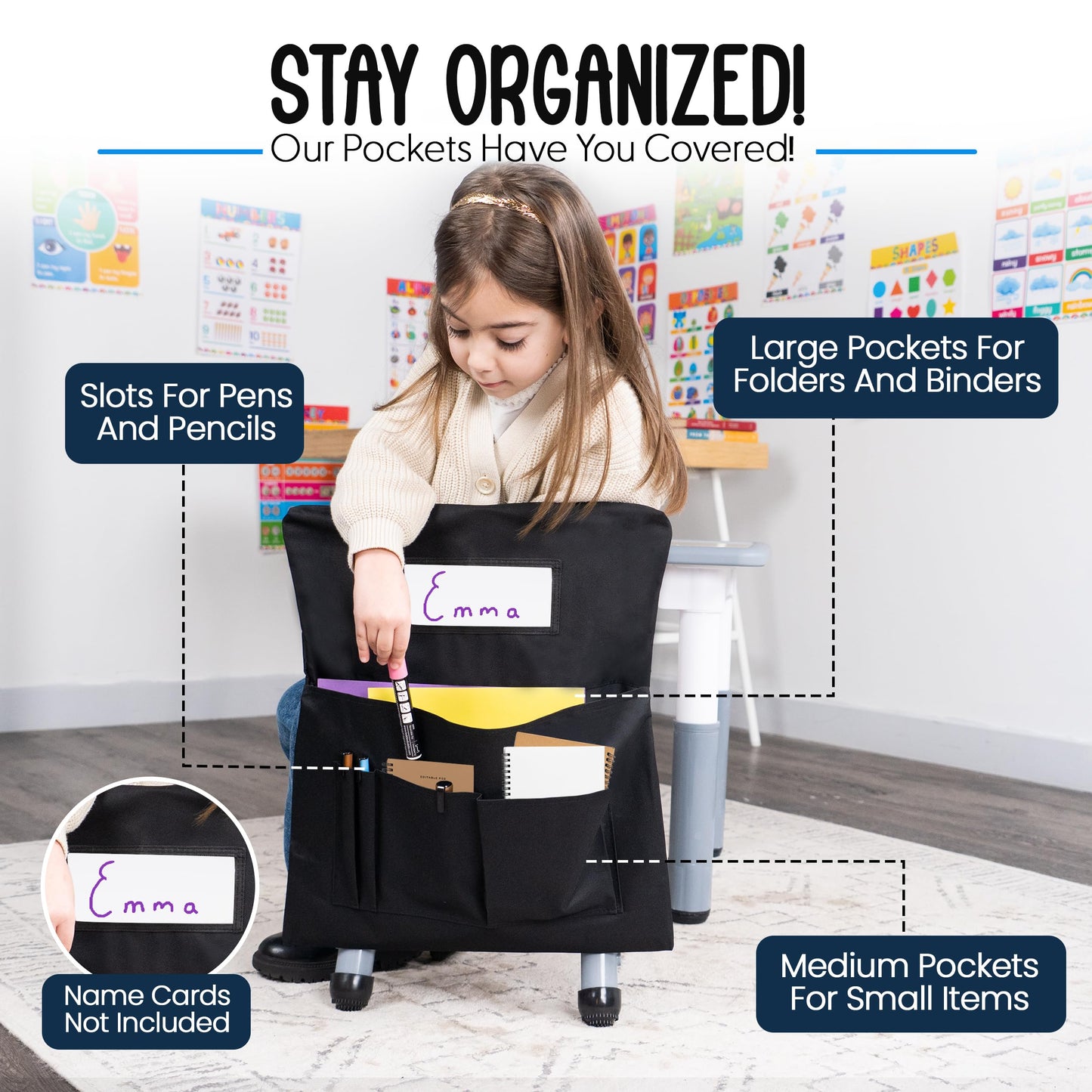 Essex Wares - Pack of 12 Chair Pockets for Classrooms Black 17" Wide x 19.7" Tall - Spacious Student Chair Pockets - Chairback Pocket Chart - Classroom Chair Pockets Suitable for Most Classroom Chairs
