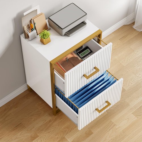 YITAHOME 2 Drawer File Cabinet, Lateral Filing Cabinet for Home Office, White and Gold