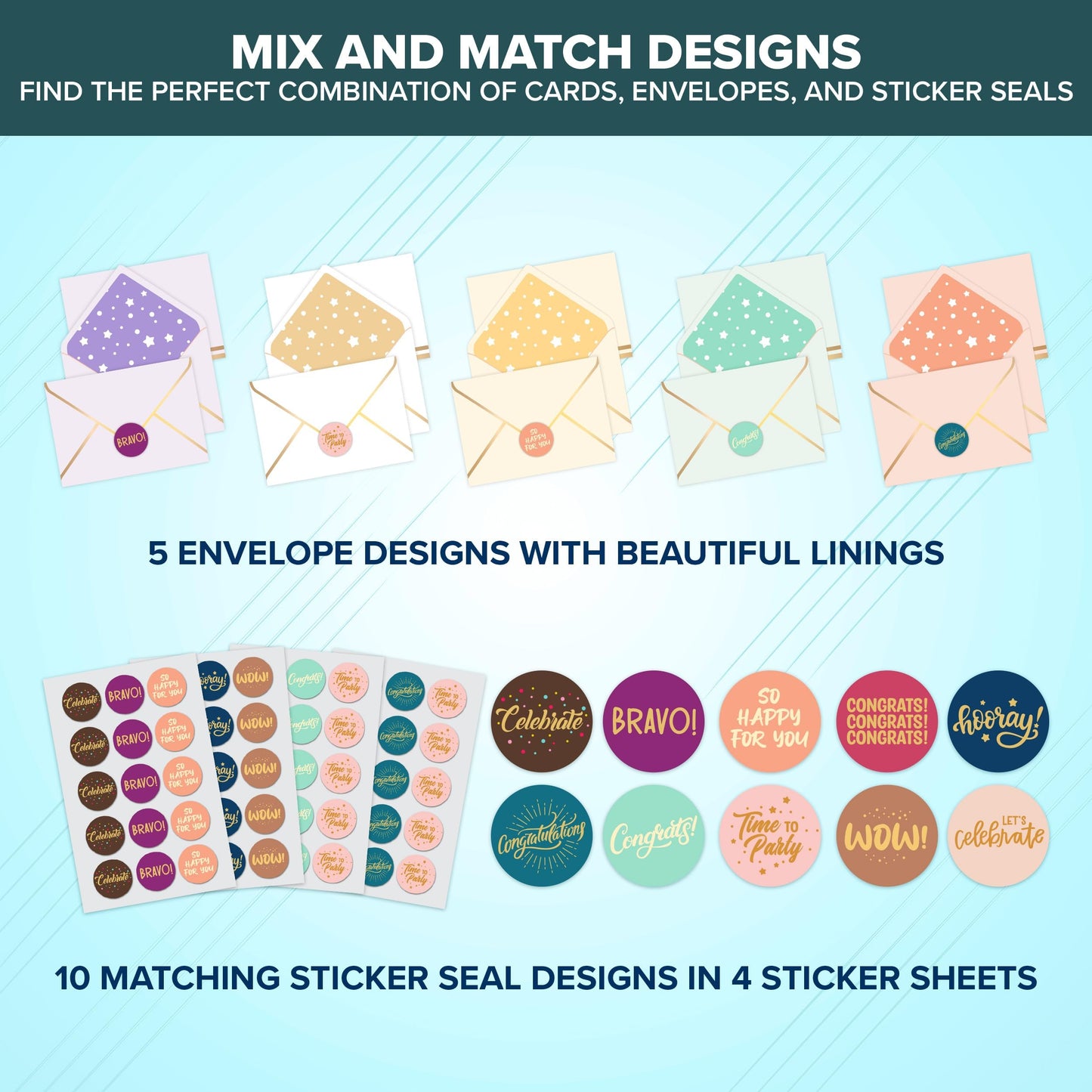 Decorably 50 Pack Gold-Foiled 6x4in Congratulations Cards with Envelopes & Stickers, 10 Elegant Designs, Blank Inside - Graduation, Engagement, Weddings, Milestones, Achievements, Gifting, Mailing