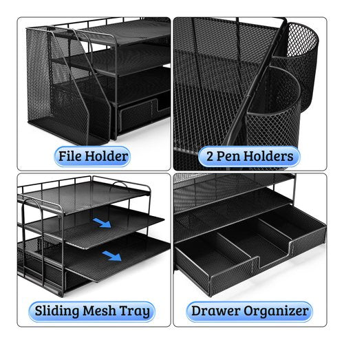 ATOMUS 4 Tier Desk Organizer, File Organizer Drawer Organizer with 2 Hanging Pen Holders Accessories & Workspace Organizers for Office Supplies Pull-Out Design (Black)