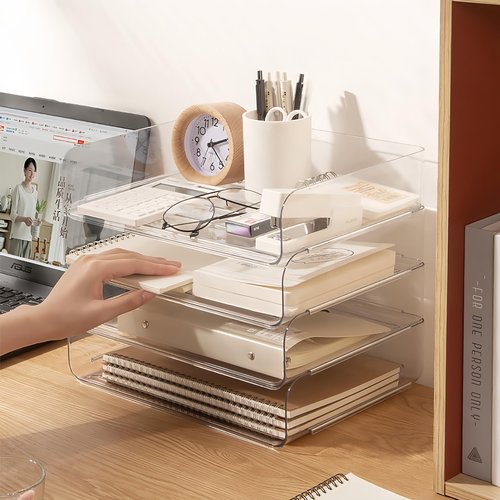 Gawerk Desk Organizer Stackable Desk Paper Letter Tray Organizer Office Desktop File Paper Holder Book Storage Organization Rack (Clear, 4 x Standard Entry)