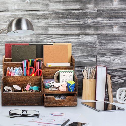 Pumtus Brown Wooden Mail Organizer, Desk Organizer with 7 Compartments and Drawer, Rustic Mail Sorter with Pen Holder, Tabletop Mail Basket, Office Accessories Holder for Pen File Letter Document