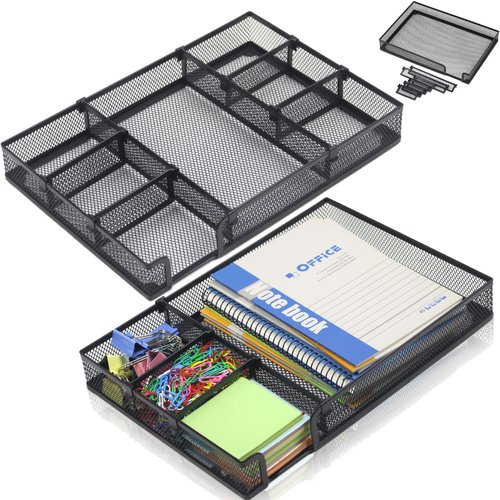 ROSROSE Desk Drawer Organizer 2 Pack, 6 Adjustable Compartment Metal Mesh Drawer Organizer, Office File Organizer Desk Organizer Tray Storage Basket for Home Office School,12.6 * 8.6 * 1.8in, Black