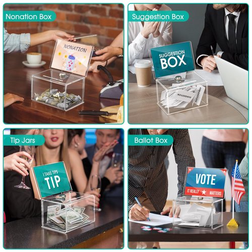MaxGear Acrylic Donation Box with Lock 3 Pack, Large Ballot Box with Sign Holder, Clear Storage Container for Voting, Charity, Ballot, Suggestion 6.25" x 4.5" x 4"
