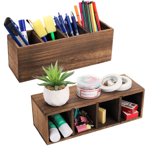 Dicunoy 2 Pack Wooden Pencil Holder for Desk, Rustic Wood Remote Control Holder Caddys, Retro Table Organizer with 4 Compartments for Art Supplies, Pen, Home, Office, School Classroom