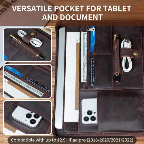 YIWEN Handmade Crazy-Horse Leather 3 Ring Binder Portfolio Padfolio Folder with Zipper for Men and Women, Business Organizer for Letter A4 Size for Meeting and Travel (Non-Custom, Dark Brown)