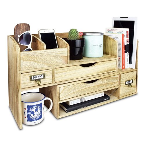 Ikee Design Large Extendable Wooden Desktop Organizer For Office Supplies, Storage Shelf Rack Book Shelf, Stationary Compartment Holder, Back to School, 17 1/4 W x 7 1/2 D x 12 H in