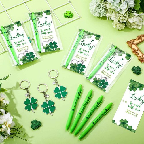 Fullhawl 48 Sets St Patrick's Day Gifts for Employee Good Luck Ballpoint Pens Shamrock Ballpoint Pens Four Leaf Clover Keychains with Thank You Cards for Team Staff Teacher Coworker