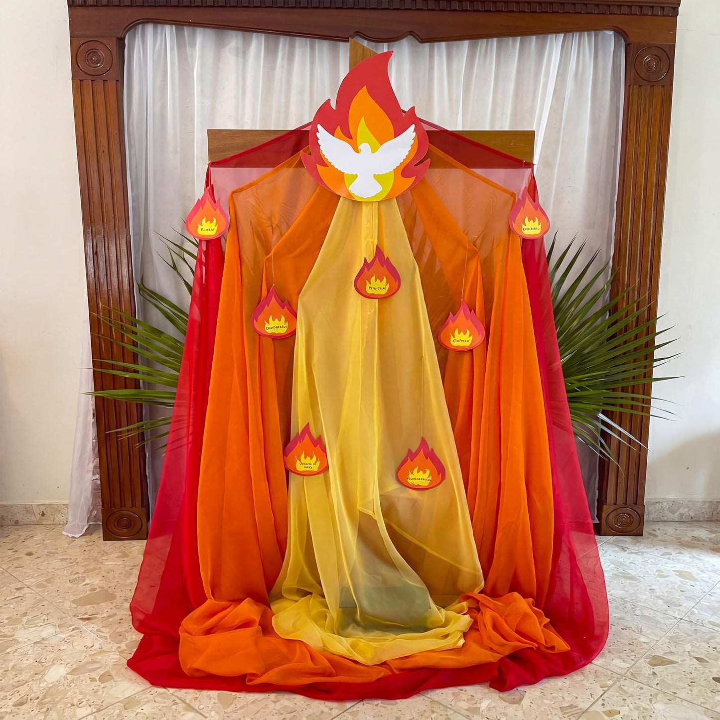 Zhengmy Pentecost Decorations Set- Red Yellow Orange Long tulle Photo Backdrop Drapes Dove Pigeon Flame Cutouts, Holy Spirit Religious Backdrop Supplies for Church Sunday School, Christian Holiday