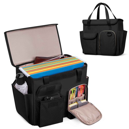 Prokva Hanging File Organizer Box with Lid, Portable Document Organizer Bag with Handle, Suitable for Letter Size Hanging File Folders, Black