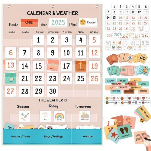 ALSLEA Calendar and Weather Pocket Chart for Classroom, 35½" x 25½" Large Boho Calendar for Kids, Preschool Toddler Learning Activities Chart, Back to School Supplies, Homeschool and Teacher Essentials 114 Cards