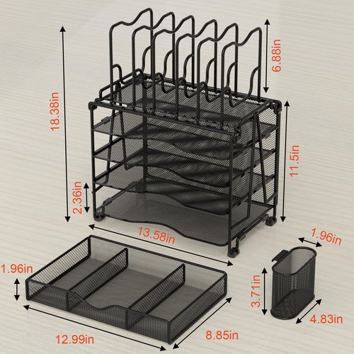 BOHDK Mesh Desk Organizer, 3-IN-1 Desktop Organizer with 4 Tier Tray and 5 Upright Sections, File Organizer for Desk with Sliding Drawer, Black