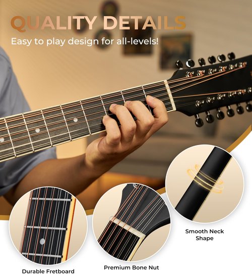 Vangoa 12 String Guitar Acoustic Electric, Upgraded Guitar 12 Strings Bundle for Beginner Intermediate Adults Teens, Guitarra de 12 Cuerdas, Spruce Top Bone Nut, Black, Matte