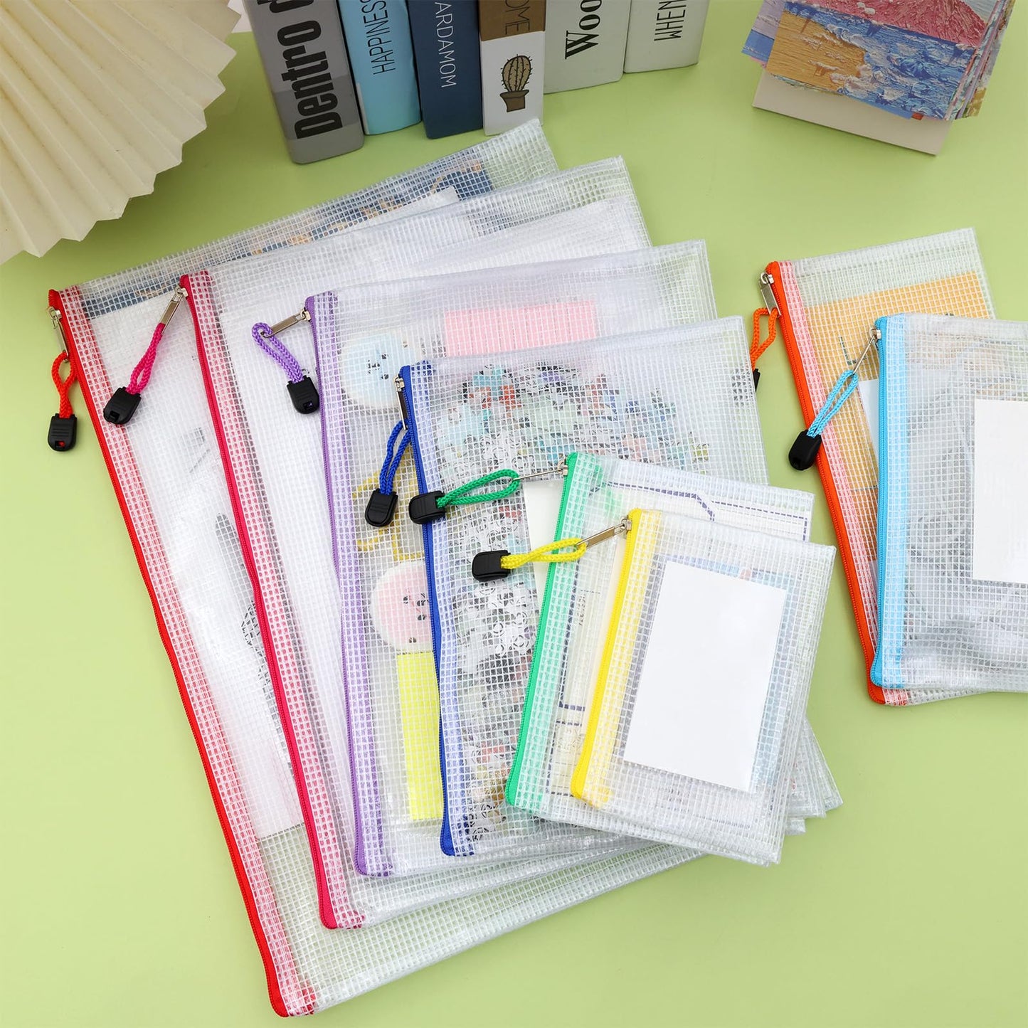 EOOUT 30pcs Mesh Zipper Pouch Bags, Waterproof, Plastic Zip File Document Folders, 8 Sizes Zipper Pouch for School Office Supplies Cosmetics and Board Game Storage