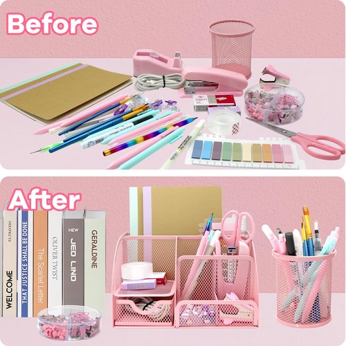 12Pcs Pink Office Desk Accessories Supplies, Desk Organizers and Accessories with Pen Holder, Clips Set,Tape Holder, Stapler for School Home Office Supplies Gift for Women