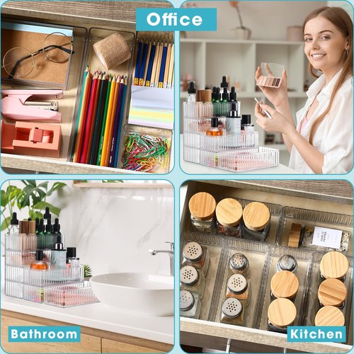 Teenyyou 8 Pcs Clear Drawer Organizers Bins Stackable Makeup and Vanity Organizer Trays Clear Plastic Drawer Organizers Set for Office Desk Dividers (6.3 x 3.15 x 1.8 Inches)