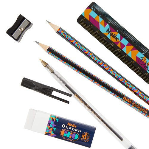 Helix Oxford Geo Complete Maths and Stationery Set - Oxford Maths Set, 30cm Folding Ruler, Ballpoint Pens, Eraser, Exam ready clear Pencil Case, Pencils - Orange Geometric Design