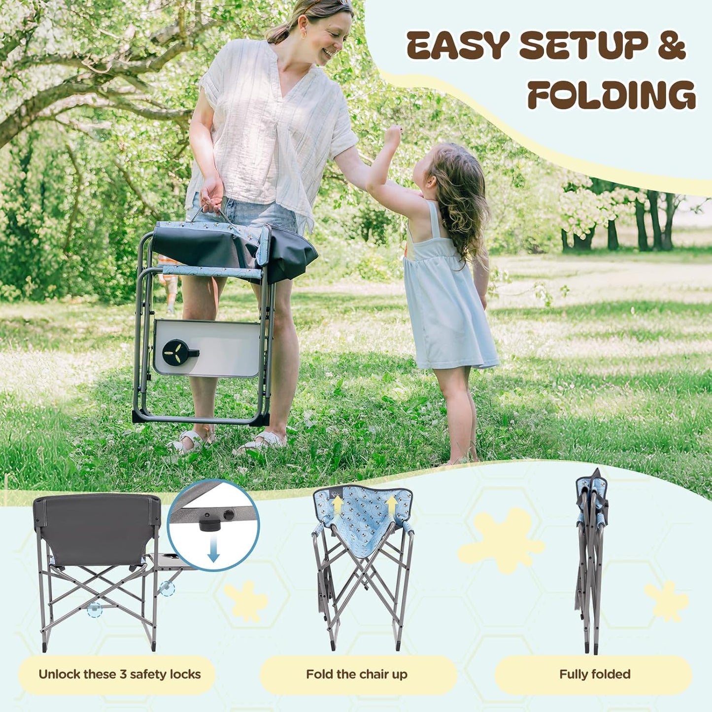 Busy Bee Kids Camping Chair - Oversized Folding Chair with Cup Holder | High Back, Supports 150 Lbs