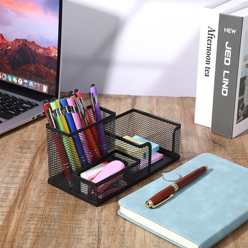 mekueeex Mesh Pen Pencil Holder Note Holders Desk Organizer, 3 Compartment Wire Desktop Pen Pencil Cup Caddy Office Supplies Accessories for Home Office School, Black(4 Pack)