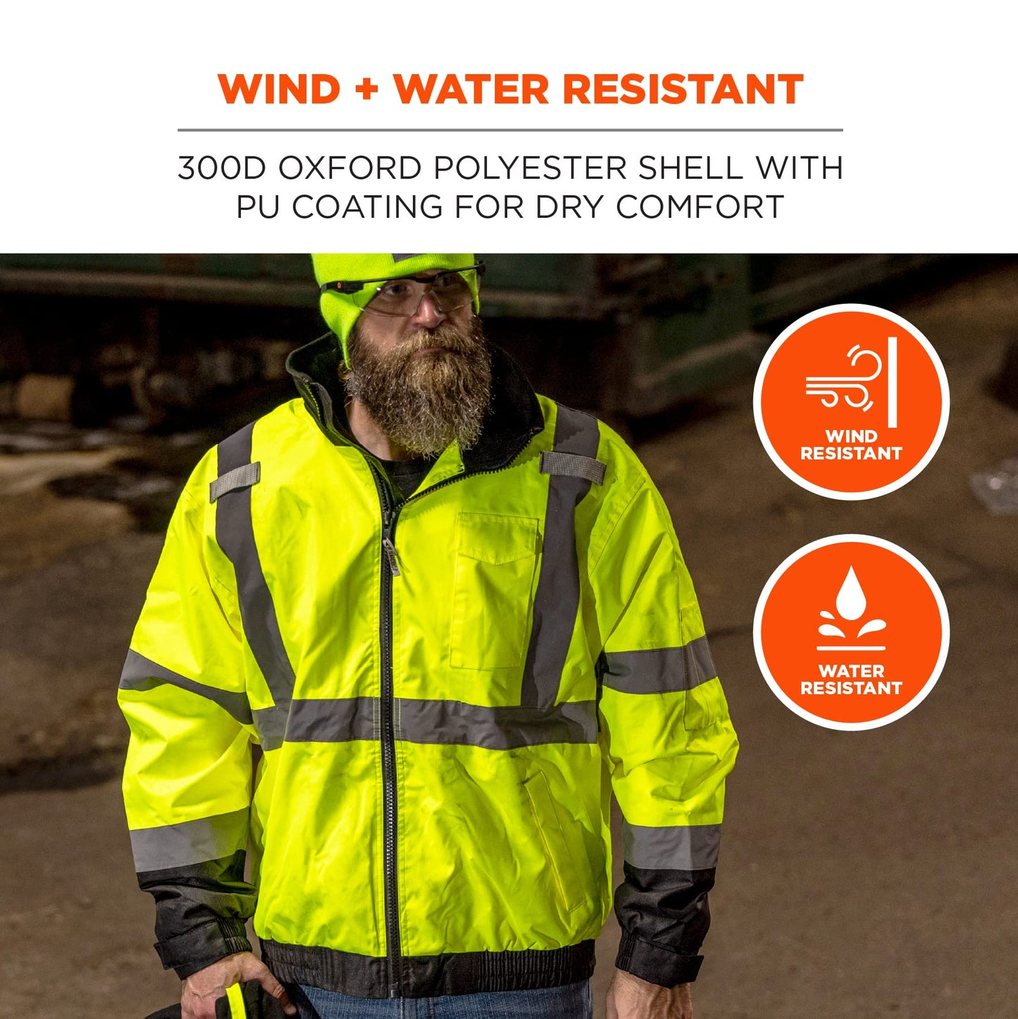 High Visibility Reflective Winter Bomber Jacket, Zip Out Fleece Liner, ANSI Compliant, Ergodyne GloWear 8379