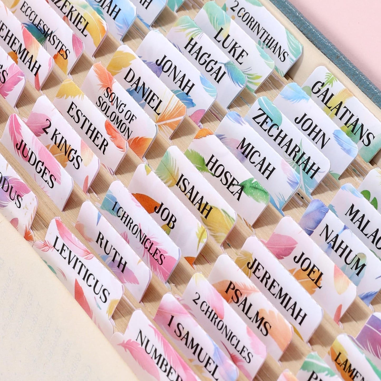 Bible Tabs For Women, 66 Large Print Laminated Bibles Chapters Index Tabs and 39 Blank Dividers Sticky Labels, Cute Beauty Feather Bible Study Supplies, Journaling Accessories, Christian Gifts for Men