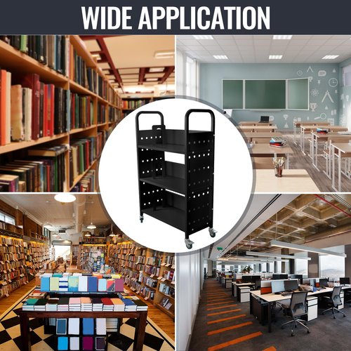 OUKIDR Book Cart, 200LBS 3-Shelf Library Cart, Single Sided V-Shaped Rolling Book Cart with 2 Lockable Wheels for Home Shelves Office School Book Truck, Black