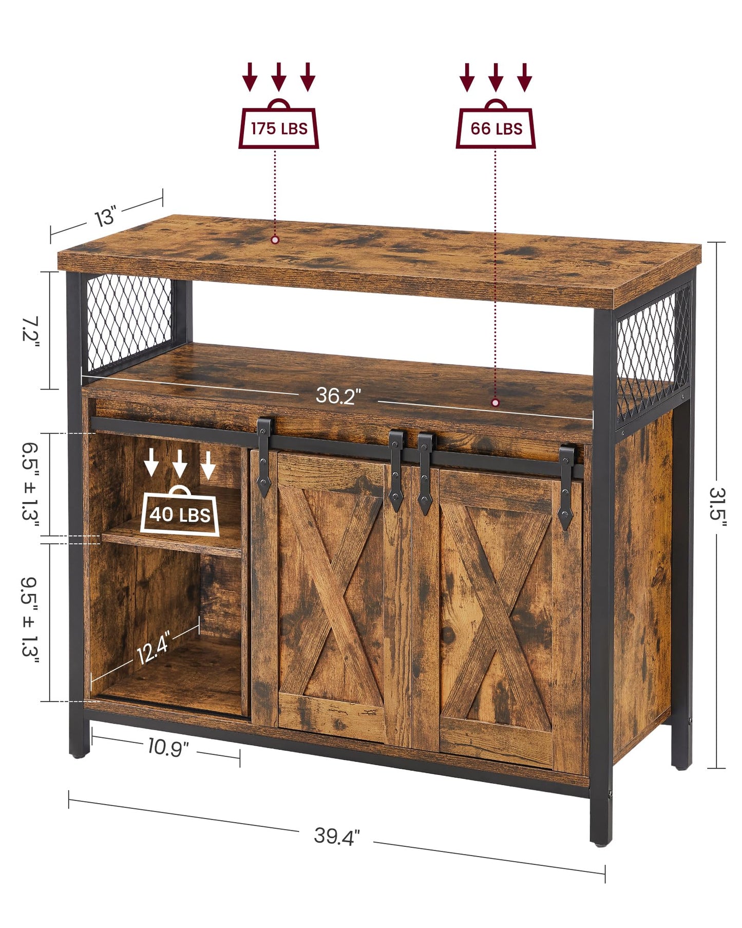VASAGLE Buffet Cabinet, Coffee Bar Storage Cabinet, Sideboard with 2 Sliding Barn Doors, Adjustable Shelves, 13 x 39.4 x 31.5 Inches, for Living Room, Rustic Brown and Ink Black ULSC092B01