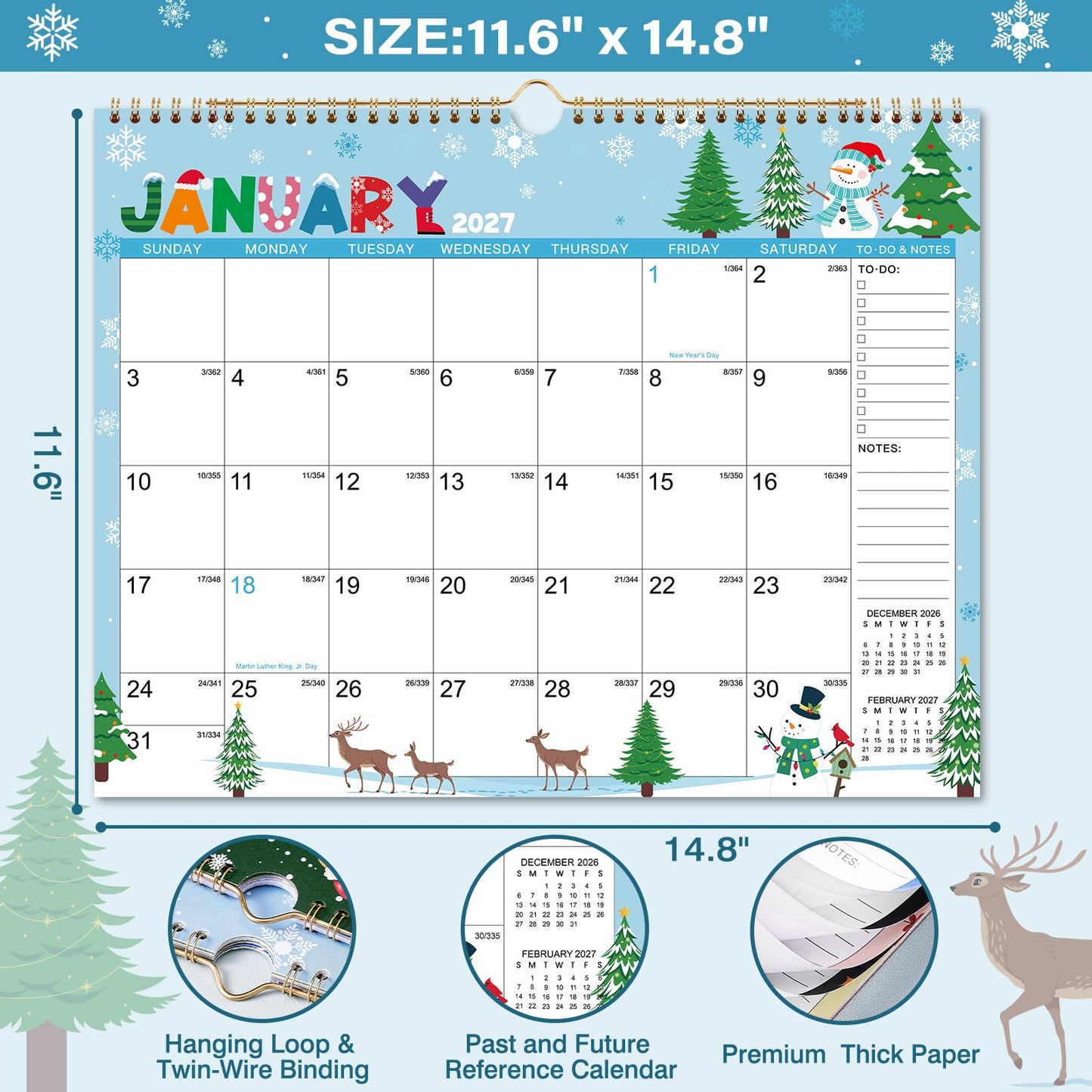 Calendar 2026-2027 - Wall Calendar 2026-2027, July 2026 - December 2027, 14.8" x 11.6", 18 Month Wall Calendar with Twin-Wire Binding, Hanging Hook - 12 Different Themes