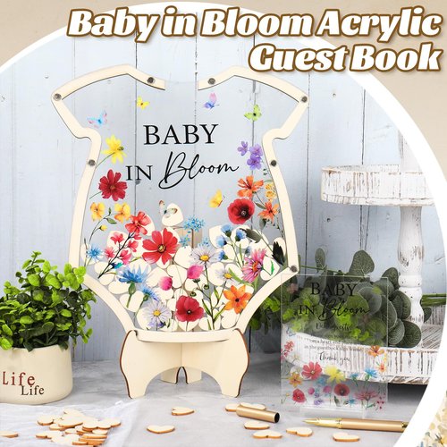 JarThenaAMCS 66Pcs Baby in Bloom Baby Shower Guest Book Alternative Set Acrylic Wildflower Guestbook with Wood Heart Slices Photo Frame Keepsake for 60 Guests