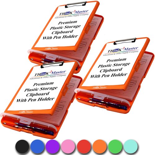 Think2Master [3 Pack] Orange Plastic Storage Clipboard with Pencil Holder. | 25% Heavier & 25% Sturdier| Heavy Duty. Nursing, Teacher & Classroom Must Have.