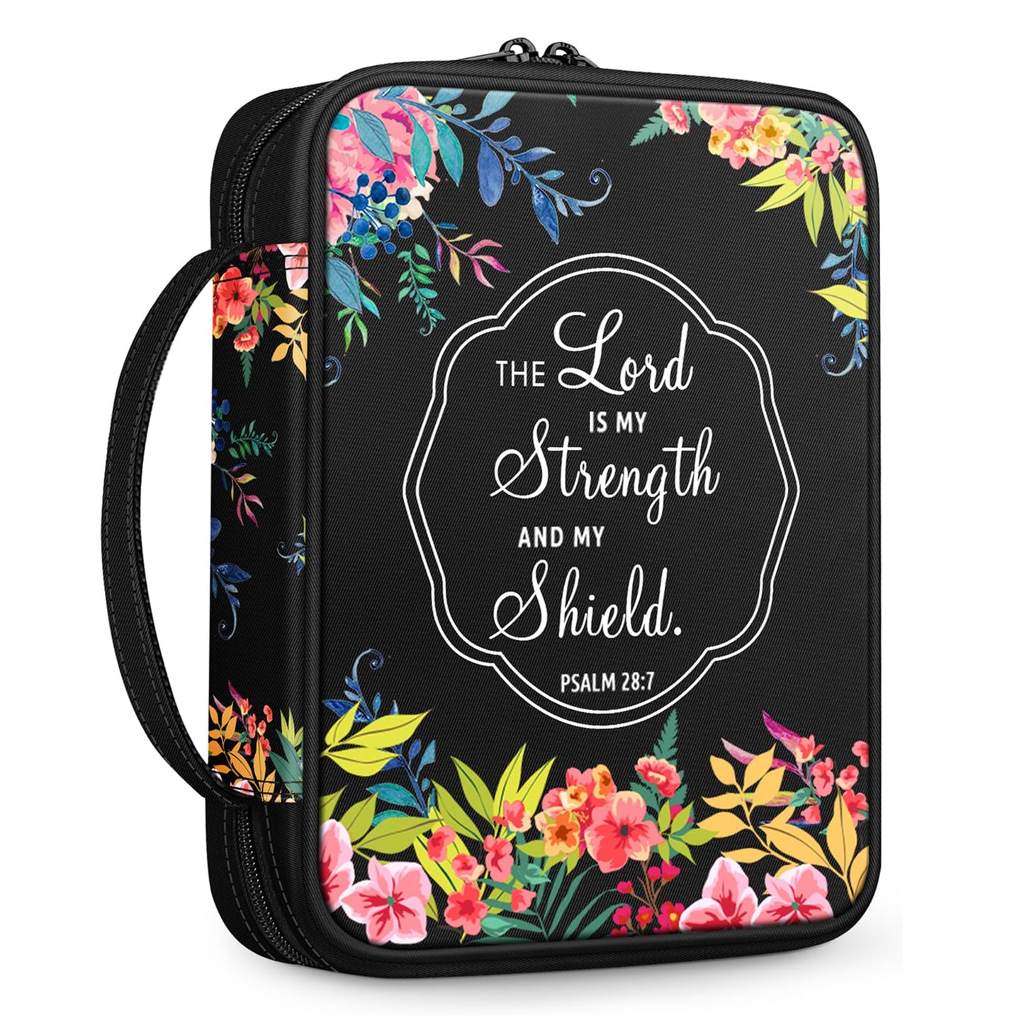 FINPAC Bible Cover, Carrying Book Case Church Bag Bible Protective with Handle and Zippered Pocket, Gift for Mother Lady Women Men, Floral Black