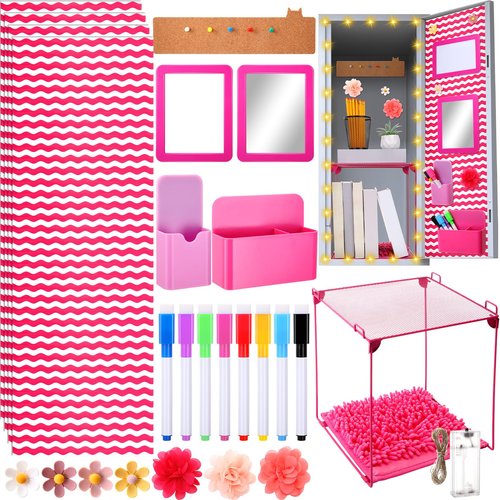 Ninehaoou 31 Pcs Locker Organizer and Decorating Kit for Girls Back to School Essentials Magnetic Locker Shelf Pen Holder Magnetic Whiteboard Mirror for Middle High School(Hot Pink)