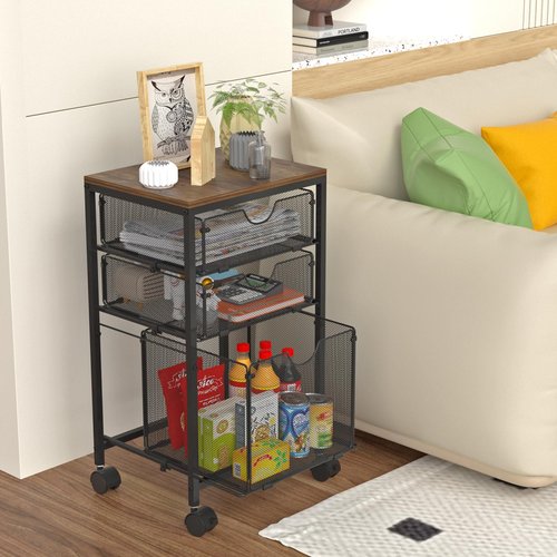 BOHDK Rolling File Cart with 3 Storage Drawers, Wood & Mesh Hanging File Folder Organizer with Wheels Under Desk, File Cabinets for Home Office, 11.81" D x 14.8" W x 25.39" H, Black