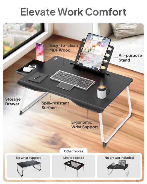 Cooper Mega Table Plus Premium XXL Extra Large Laptop Desk for Bed, Table for Laptop in Bed, Desk for Floor | Portable, Folding Legs, Book Stand, Tablet Groove, Drawer, Extra Wide Surface (White Oak)