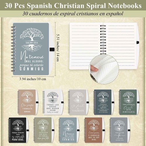 Kosiz 60 Pcs Spanish Christian Spiral Notebooks with Ballpoint Pens Tree Life Bible Verse A6 Journal Religious Inspirational Gift Grandparent Day Gift Set Church Pastor(Classic Style,Boho Color)