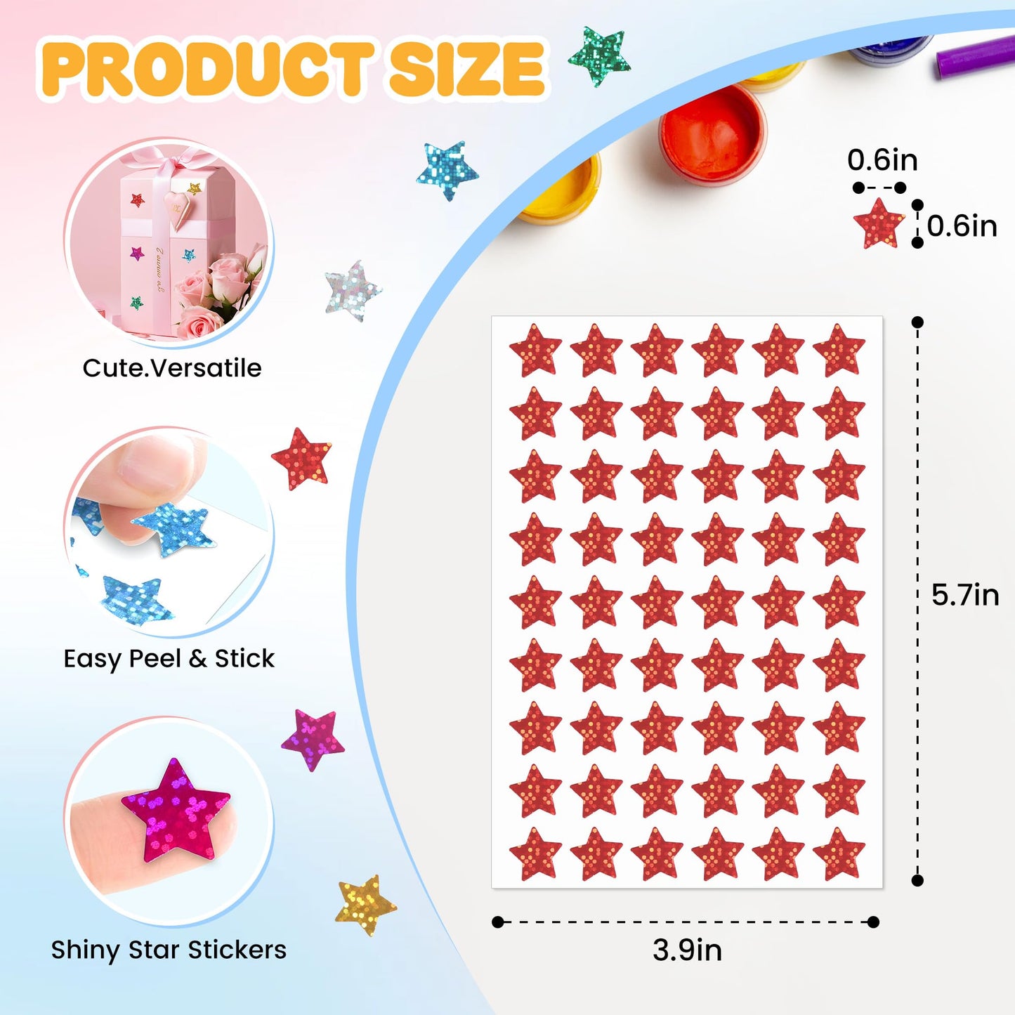 1,620 Holographic Glitter Star Stickers 0.6", 6 Colors Self-Adhesive Mini Stickers for Kids, Classroom, Teacher Supplies, Behavior Charts, Planner, Scrapbooking, Holiday, Party Favors and DIY Crafts