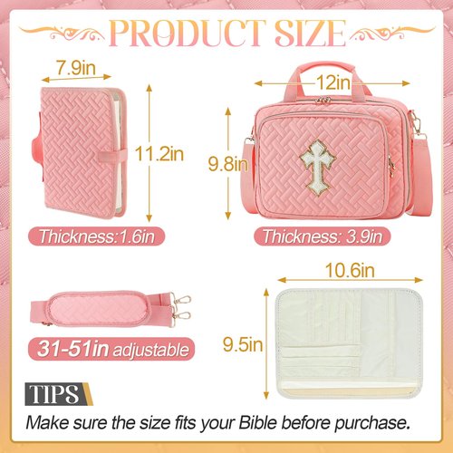 Large Bible Bag with Cover Case for Women - Bible Study Supplies Including Separate Book Cover/Pen Slots/Shoulder Strap, Cross Journaling Kit Christian Gifts for Church Lady Girls (Pink)
